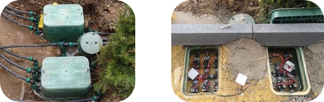 Im Erdreich eingelassener Verteiler, montiert und verkabelt in Ventilboxen.